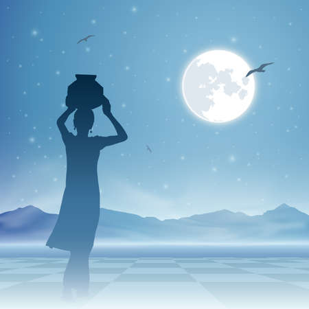 An Indian Girl Carrying Water Jug with Moon and Night Skyのイラスト素材