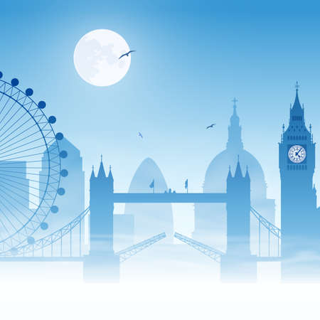 A Misty London Cityscape with Moonのイラスト素材