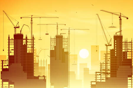 A Construction Site with Lots of Tower Cranes and Sunset, Sunriseのイラスト素材