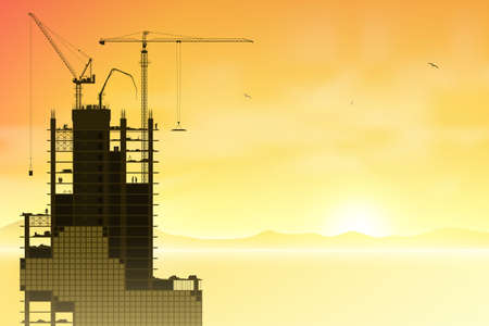 A Construction Site with Tower Cranes and Sunset, Sunriseのイラスト素材