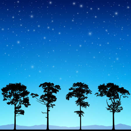 A Line of Trees in Silhouette with Night Sky and Stars. - Vector EPS 10のイラスト素材