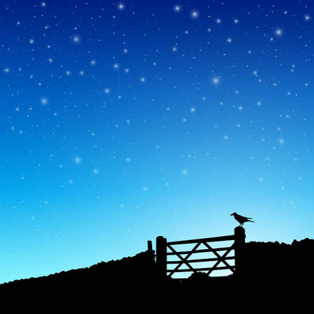 A Farm Gate in Silhouette with Night Sky and Stars. - Vector EPS 10のイラスト素材