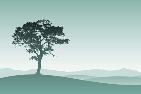 A Lone Tree in Silhouette with Meadow Landscapeのイラスト素材