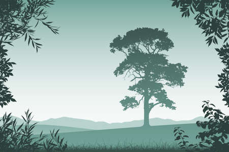 Landscape with Lone Tree  and Floral Border and Leavesのイラスト素材