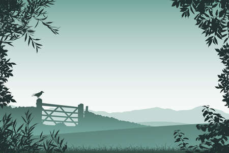 Landscape with Farm Gate and Floral Border and Leavesのイラスト素材