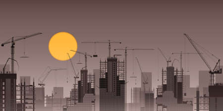 A Construction Site with Tower Cranes and Sunset, Sunriseのイラスト素材