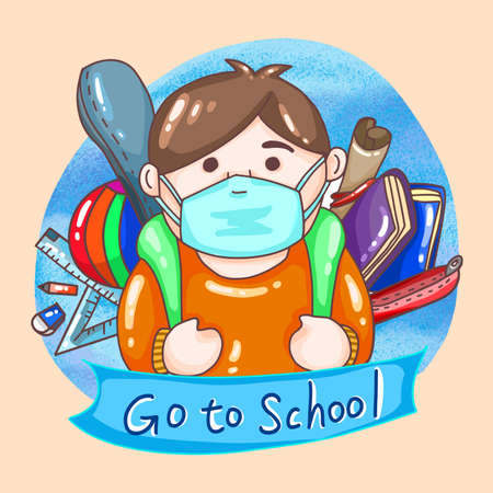 Boy wearing a mask ready to go to schoolのイラスト素材