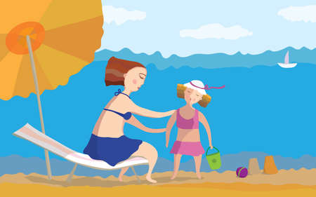 Mum and daughter sunbathe on a beachのイラスト素材