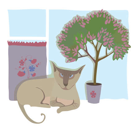 Cat-sphinx on a window sill. Vector illustrationのイラスト素材