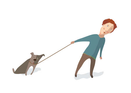 The boy leads a dog on a leash. Vector illustrationのイラスト素材
