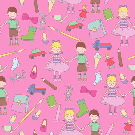 Boy and girl with various requisite objectのイラスト素材