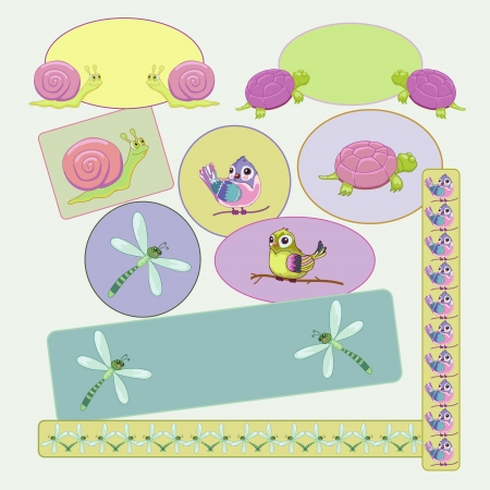 Child's frames with dragonfly, snail, bird, turtleのイラスト素材