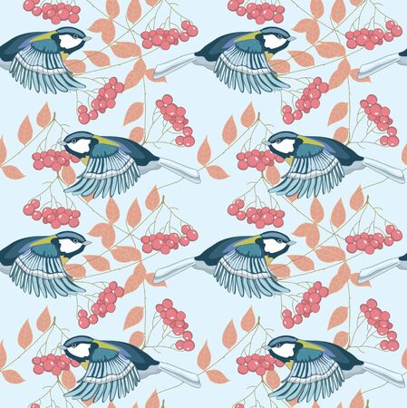 Great tit and cluster of red ashberryのイラスト素材
