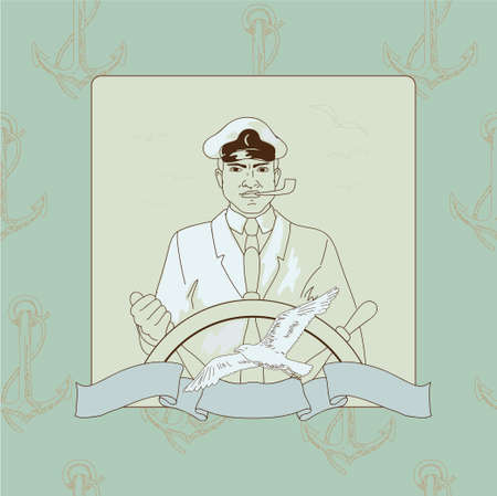 Young beautiful captain at the steering-wheelのイラスト素材