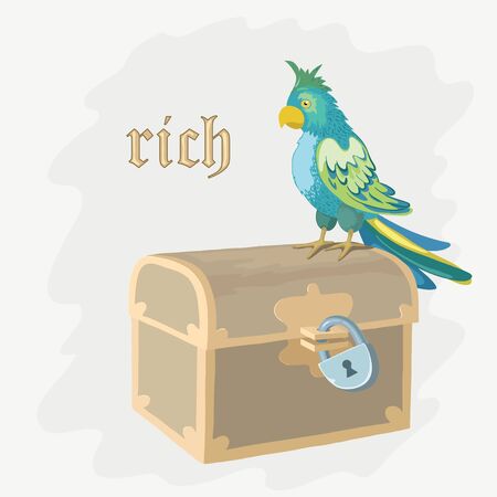 Parrot is sitting on the trunk with treasureのイラスト素材