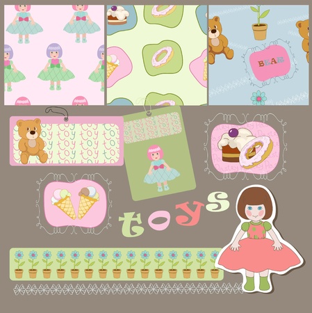 Toys and pastry on the seamless and in bright frames のイラスト素材