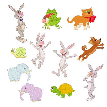 Many happy animals with ice-cream and flowersのイラスト素材