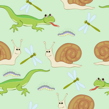 Caterpillar, dragonfly,lizard and snailのイラスト素材