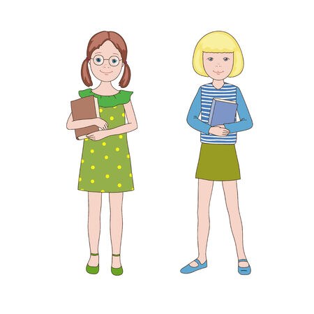 Two schoolgirls with bookのイラスト素材