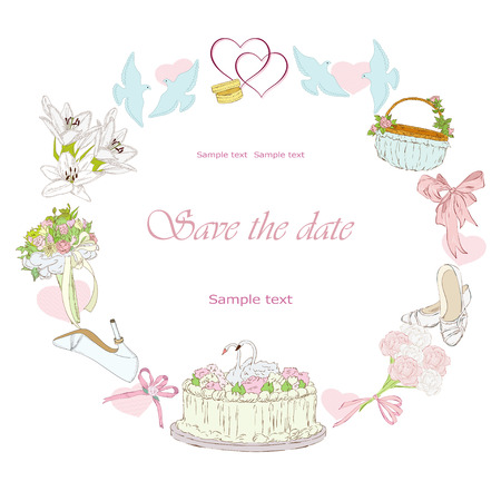 Wedding frame with dove, shoe, bouquetのイラスト素材
