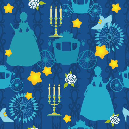 Blue  silhouette of  princess on seamlessのイラスト素材