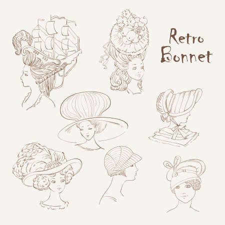 Retro bonnets in drawingのイラスト素材