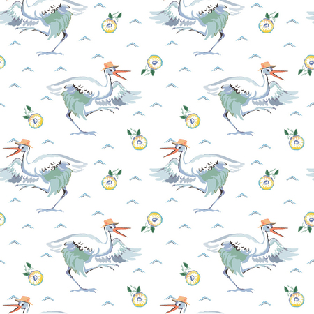 Village style on seamless with birdのイラスト素材