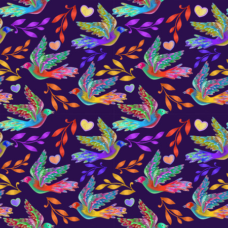 Bright birds and plants on deep seamlessの写真素材