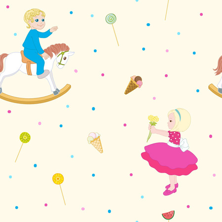 Boy and girl on patternのイラスト素材