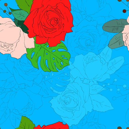 Red and white roses on pattern for textileのイラスト素材