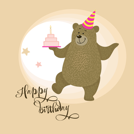 Bear with cap on card for birthdayのイラスト素材