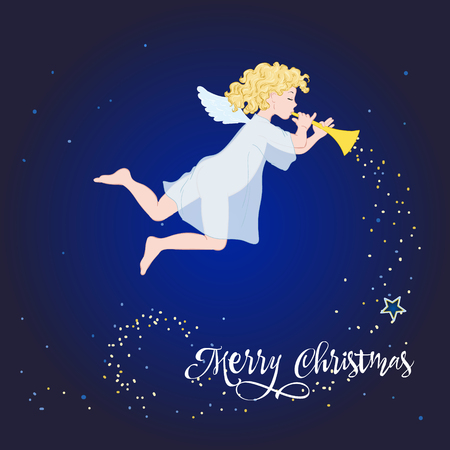 Card with New Year and Merry Christmas, little angel in deep night skyのイラスト素材