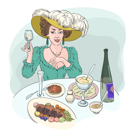 Beautiful woman at the table, food and wine, vector pictureのイラスト素材