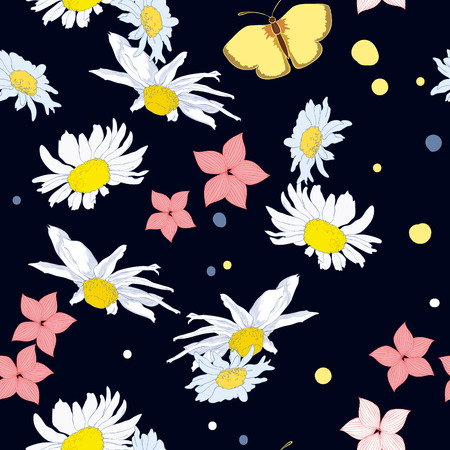 Drawing of chamomile on black background, seamless for summer and springのイラスト素材