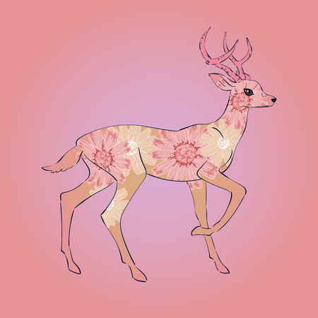 Drawing of deer with flowers, vector, decor styleのイラスト素材