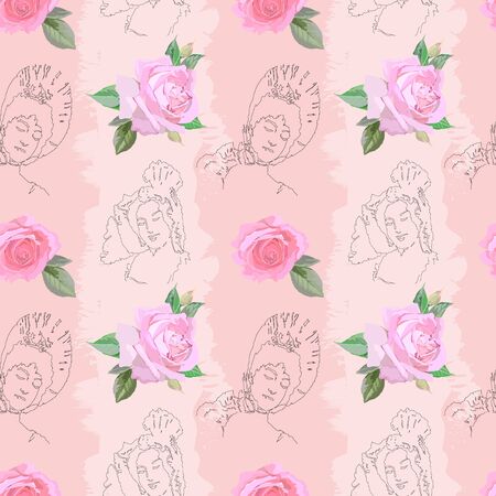 Pattern with female head and tender roses, seamless for textileのイラスト素材