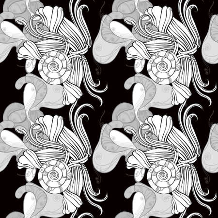 Monochrome ornament, stylized plants on a black background, white and black colors, print on fabricのイラスト素材