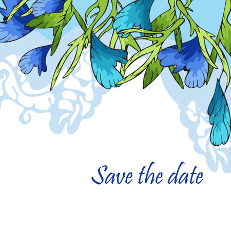 Postcard with stylized blue flowers, invitation, congratulation. Drawing in vectorのイラスト素材