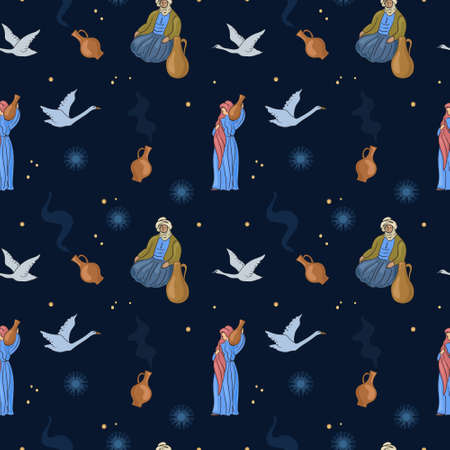 Oriental fairy tale on the ornament. People in old clothes, jugs, birds. Seamless.のイラスト素材