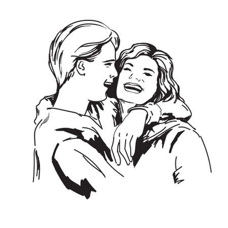 Happy couple of lovers, man and woman hugging. A man hugs a happy woman. Line drawing.のイラスト素材