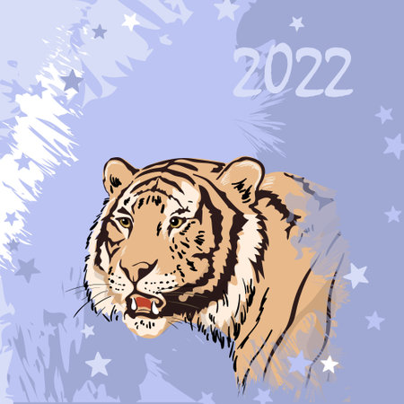 Happy new year greeting card, tiger head, background with asterisks, text.のイラスト素材