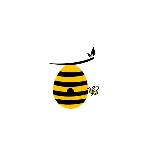 Beehive With Bees Flying Around Cartoon Illustration, Concept for organic honey products, package designのイラスト素材