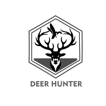 deer hunter logo type, hunter man and deer, hunter club, deer hunting, animal wildlife symbol iconのイラスト素材