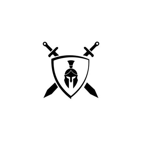 Gladiator logo template design vector. Spartan helmet, shield, sword, isolated on white background.のイラスト素材