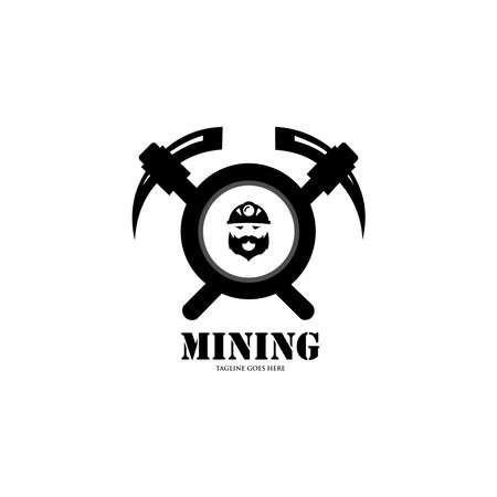 Retro mining logo with hard hat helmet and two crossed pickaxes. label and badge mine shaft, black and white vector illustrationのイラスト素材