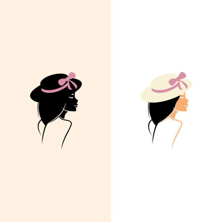 fashion and beauty logo. Woman with pink lips in fashion hat. Concept for beauty salon, accessories, fashion, cosmetics.のイラスト素材