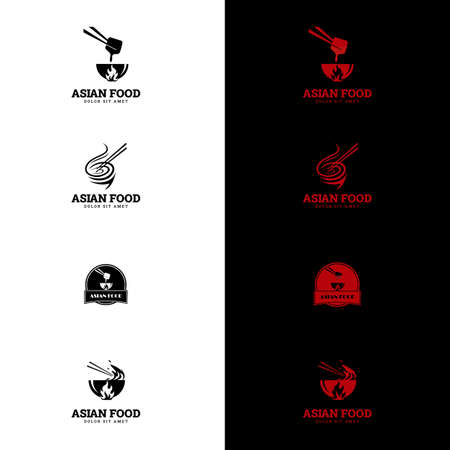 Asian food logo templates set. Ramen, Chinese noodle, Sushi and rolls with chopstick bar or restaurant vector logo template.のイラスト素材