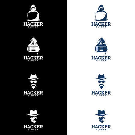 Detective Logo Design. Hacker logo template. hacker man in hoodie jacket looking at a laptopのイラスト素材