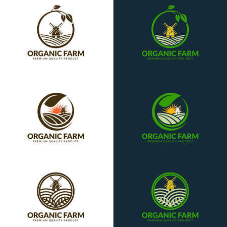 Flat farm logo template collection. Farm product logo or symbol. Agriculture, farming, natural food conceptのイラスト素材