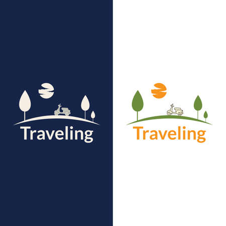 Travel with scooter. Adventure, outdoor recreation, adventures in nature, vacation. vector illustration in flat design.のイラスト素材